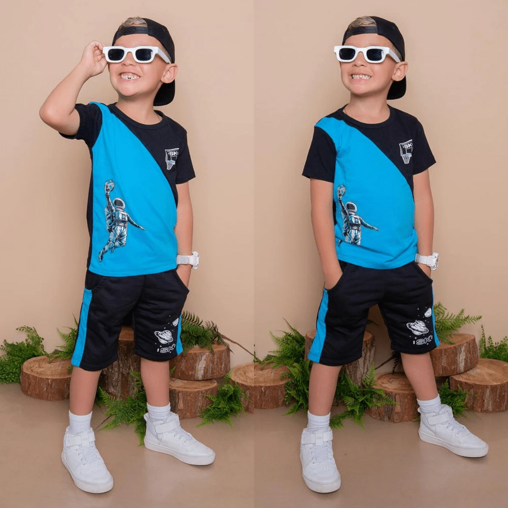 Conjunto Infantil Street Vibes – Camiseta Color Block + Shorts Preto com Detalhes