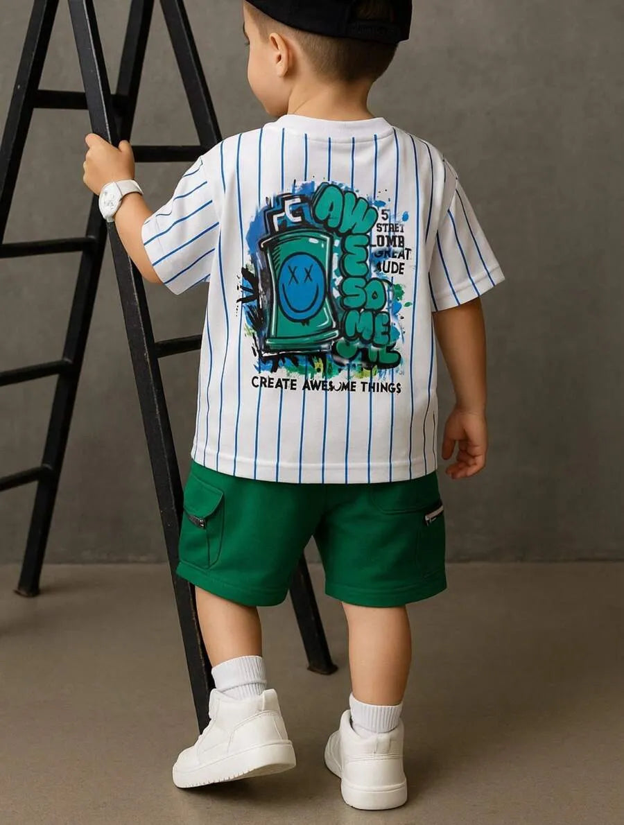 Conjunto Infantil Street Cool – Camiseta Listrada + Shorts Verde com Zíper