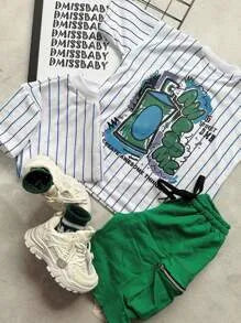 Conjunto Infantil Street Cool – Camiseta Listrada + Shorts Verde com Zíper