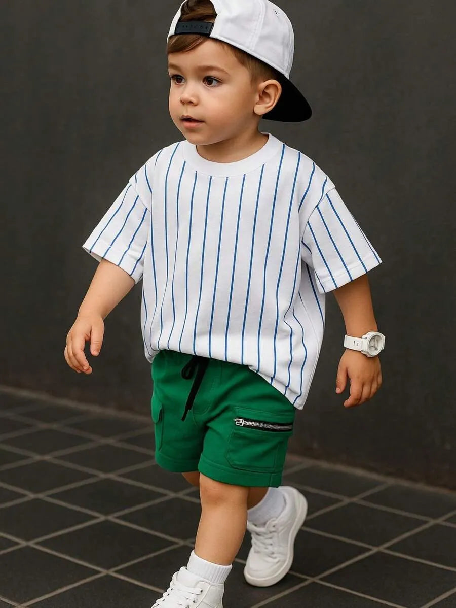 Conjunto Infantil Street Cool – Camiseta Listrada + Shorts Verde com Zíper